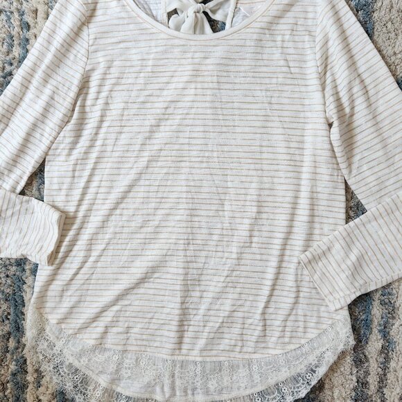 Lauren Conrad Top White Gold Stripe Rayon Stretch Knit Lace Trim || Med EUC - Picture 3 of 15